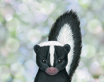 striped skunk (woodland animal portrait) - 8X10 inch art print by Sarah Knight, black white fur fluffy tail sage green gray grey bokeh