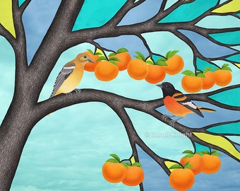 Baltimore Orioles in the stained glass tree - signed print 8X10 inches by Sarah Knight, orange yellow birds branches bark brown aqua blue