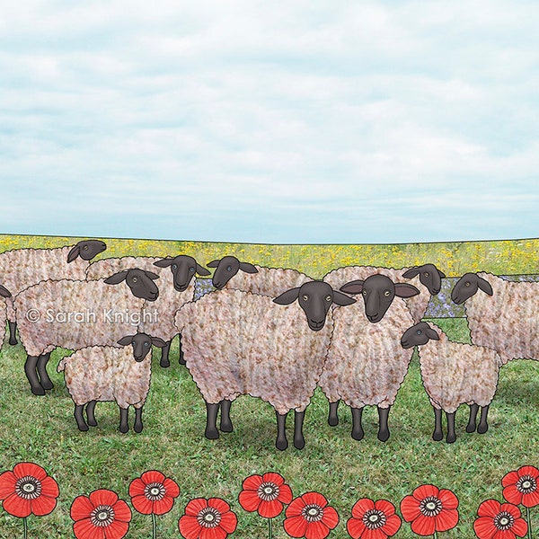 Suffolk sheep in a field - signed 8X10 inch art print by Sarah Knight, ewe lamb green grass farm scene cloudy sky flock of sheep red poppies