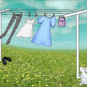 May include: A clothesline with a white dress, a blue dress, black and white striped leggings, and a purple floral bag hanging on it. There is a white rabbit sitting on the ground next to the clothesline.