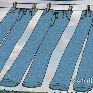 May include: Four pairs of blue denim jeans hanging on a clothesline with clothespins. The jeans are all the same style and color, but they are different lengths. The jeans are hanging in the wind, and the background is a blue sky with white clouds.
