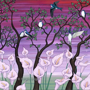 calla lilies & tree swallows signed digital illustration art print 8X10 inches pink purple magenta mauve lilac birds trees green flowers image 1