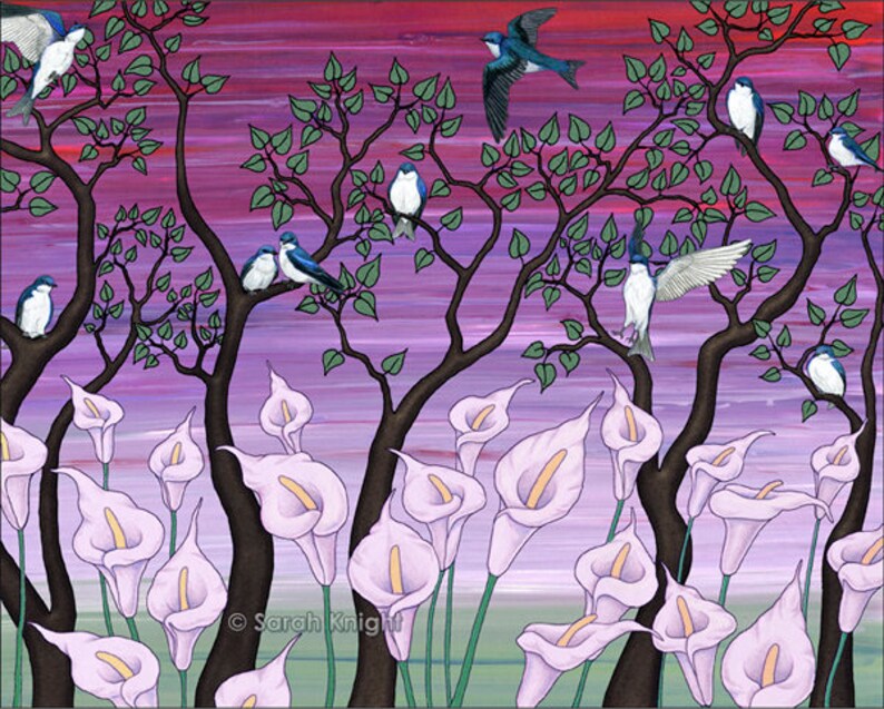 calla lilies & tree swallows signed digital illustration art print 8X10 inches pink purple magenta mauve lilac birds trees green flowers image 1