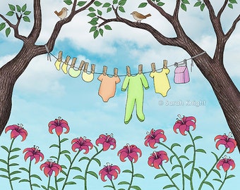 clean baby, happy home - signed digital illustration art print 8X10 inches by Sarah Knight, clothesline laundry art house wrens lilies birds
