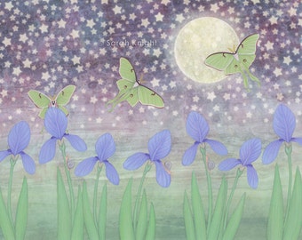 luna moths around the moon with starlit irises - illustration art print 8X10 inch, purple violet blue green flowers starry summer picture