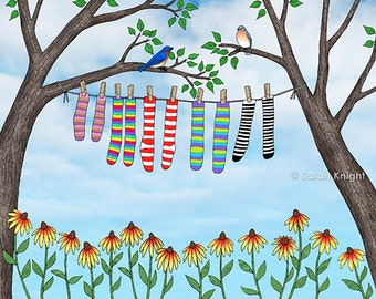 clean socks - art print 8X10 inches - laundry picture eastern bluebirds birds rudbeckia flowers trees leaves aqua blue sky nature washroom