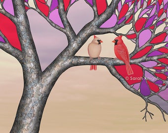 northern cardinals in the stained glass tree - signed print 8X10 inches by Sarah Knight, purple pink beige red birds brown tree branches