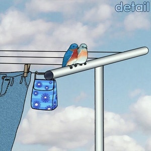 May include: Two bluebirds perched on a metal clothesline pole against a cloudy sky. A blue and white patterned bag hangs from the line.