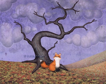 the rainy fox - signed illustration art print 8X10 inches, autumn tree violet purple lavender brown fall leaf litter orange clouds fox art