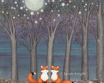 dreamy foxes - illustration art print 8X10 inches by Sarah Knight, woodland fox nature forest scene trees moon stars night twilight blue