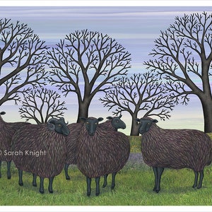 black Welsh mountain sheep signed 8X10 inch art print by Sarah Knight, rural farm scene green grass trees periwinkle sky farm animals ram image 2
