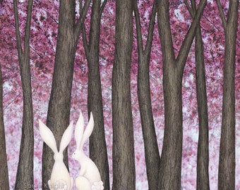 spring blossom bunnies - signed digital illustration art print 8X10 inches, white bunny rabbits brown trees pink flowers petals easter