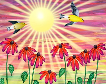 goldfinches sunshine flight - signed digital illustration art print 8X10 inches, goldfinch red green flowers yellow birds whimsical picture