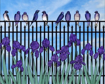 purple martins & purple irises - signed digital illustration art print 8X10 inch - birds violet blue iris flowers garden scene fence green