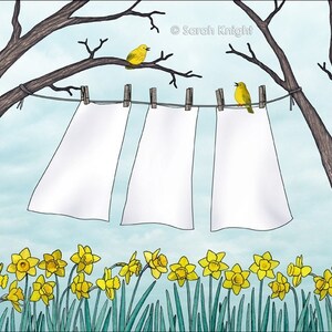 May include: Three white sheets hang on a clothesline between two bare trees. Two yellow birds are perched on the branches. A row of yellow daffodils bloom in the foreground.