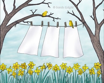 spring clean - signed digital illustration art print 8X10 inches by Sarah Knight, clothesline laundry art daffodils yellow warbler birds