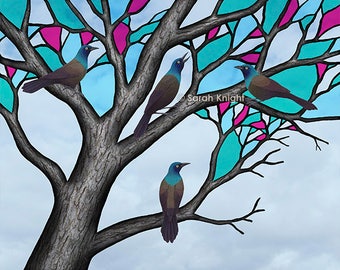 grackles in the stained glass tree - signed print 8X10 inches by Sarah Knight, flock of birds tree branches bark brown black aqua blue pink