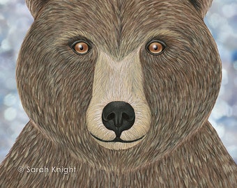 brown bear (woodland animal portrait) - 8X10 inch art print by Sarah Knight, childrens nursery wall decor brown white periwinkle blue bokeh