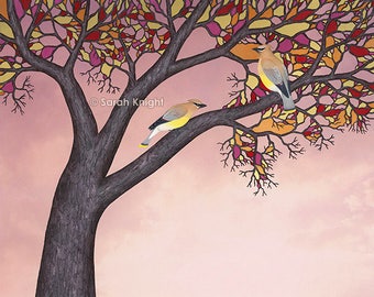 cedar waxwings on the stained glass tree - signed print 8X10 inches by Sarah Knight, birds branches bark brown red pink orange yellow beige