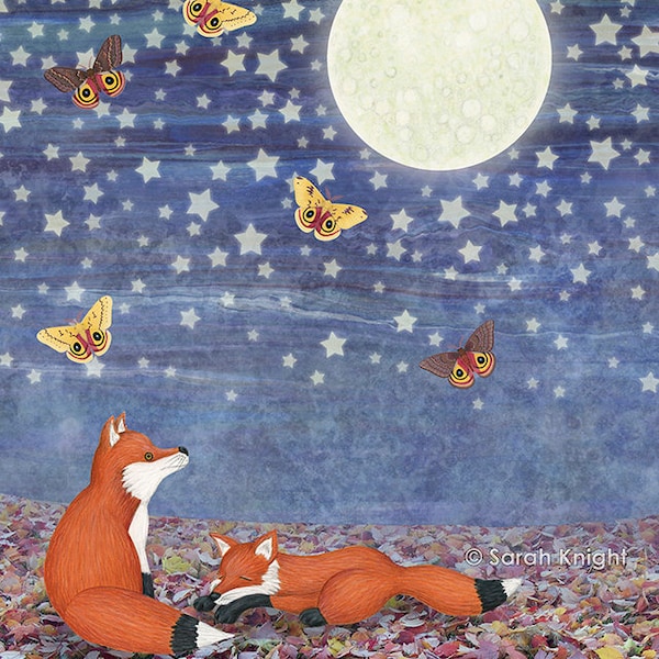 moonlit foxes - illustration art print 8X10 inches, fox fall autumn story scene blue orange stars moon io moths whimsical nature picture