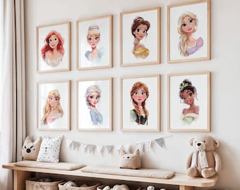 Set di 10 stampe artistiche con acquerelli raffiguranti principesse, stampe artistiche raffiguranti principesse, decorazioni murali raffiguranti principesse, decorazioni murali per camerette di bambine con favole, decorazioni per camerette di principesse