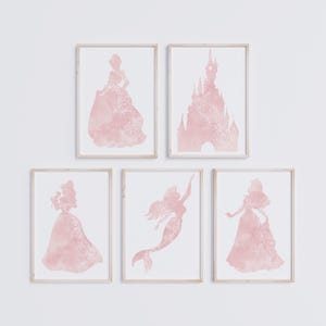 Fairy Tale Princess Wall Art Set of 5 – Pink Watercolor Nursery Decor, Blush Pink Princess Bedroom, Girl Bedroom Decor, Instant Download