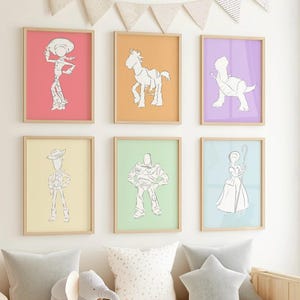 Toy Story Colour Sketched Digital Prints, Set of Six, Woody, Buzz Lightyear Decor, Instant Download, Nursery Wall Art Gift, Bedroom Poster