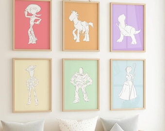 Toy Story Colour Sketched Digital Prints, Set of Six, Woody, Buzz Lightyear Decor, Instant Download, Nursery Wall Art Gift, Bedroom Poster