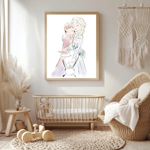 May include: A framed watercolor print of two animated characters embracing. The artwork features soft pastel colors and delicate line work. The print is displayed in a light-colored wooden frame, suitable for a nursery or children's room.