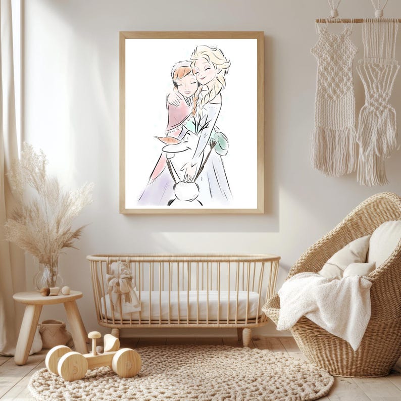 May include: A framed watercolor print of two animated characters embracing. The artwork features soft pastel colors and delicate line work. The print is displayed in a light-colored wooden frame, suitable for a nursery or children's room.