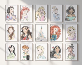 Watercolor Princess Art Print Set of 15, Instant download, Princess Theme, Fairytale Nursery Poster, Girl room Decor, Printable Wall Art