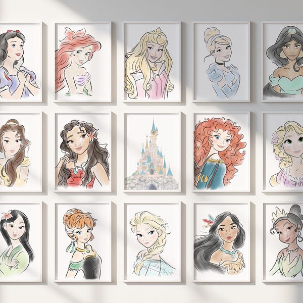 Watercolor Princess Art Print Set of 15, Instant download, Princess Theme, Fairytale Nursery Poster, Girl room Decor, Printable Wall Art