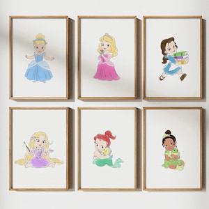 Baby Princess Wall Art Set – Watercolor Nursery Prints for Girls, Set of 6 Digital Princess Print, Girls Bedroom Decor, Fairytale Room Art