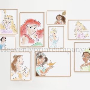 Princess Sketched Watercolor Digital Prints, Set of 9, Instant Download, Princess Decor, Fairytale Nursery Wall Art, Princess bedroom Poster