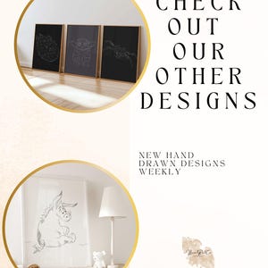 May include: The image showcases framed art prints with line drawings of a spaceship, a character, and a creature on black backgrounds. The text "CHECK OUT OUR OTHER DESIGNS" is displayed. The lower section features a framed drawing of a donkey. The text "NEW HAND DRAWN DESIGNS WEEKLY" is also visible.