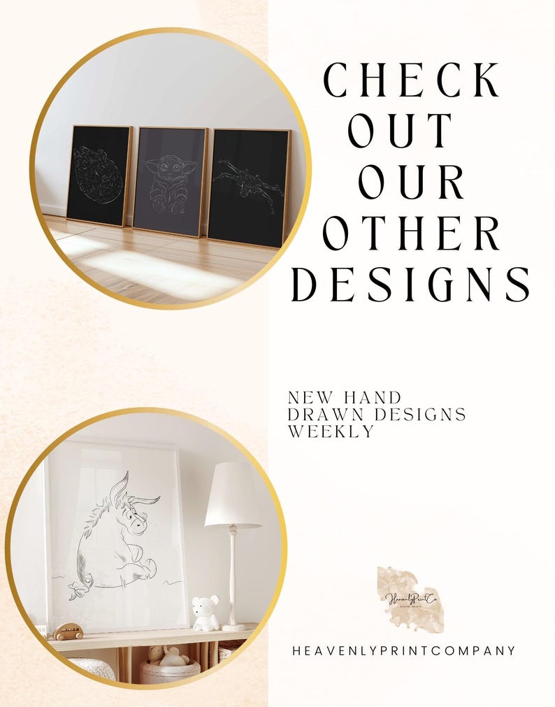 May include: The image showcases framed art prints with line drawings of a spaceship, a character, and a creature on black backgrounds. The text "CHECK OUT OUR OTHER DESIGNS" is displayed. The lower section features a framed drawing of a donkey. The text "NEW HAND DRAWN DESIGNS WEEKLY" is also visible.