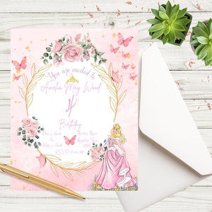 Convite digital personalizado da princesa Bela Adormecida, convite instantâneo para festa Aurora, download de convite de aniversário personalizável