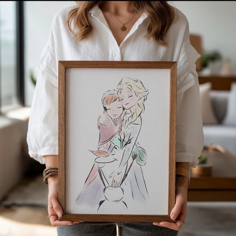 May include: A framed print featuring a watercolor illustration of two animated characters embracing. The artwork is in soft pastel colors, with a wooden frame. The characters are depicted with closed eyes and smiling faces.