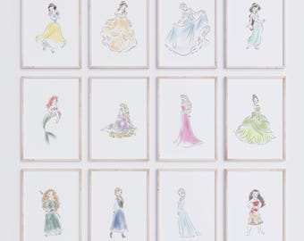 Watercolor Princess Art Print Set of 12, Instant Download, Fairytale Nursery Decor, Girl Room Wall Art, Printable Sketched Princess Posters