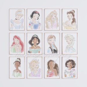 Watercolor Princess Art Print (Set of 12) Instant download, Princess Theme, Fairytale Nursery Poster, Girl room Decor, Printable Wall Art