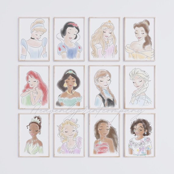 Princess Wall Art Prints,  Princess Poster, Princess Wall Decor, Girls Room Decors, Nursery Decor, Watercolor Princess Decor Art, Set of 12