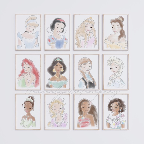 Princess Wall Art Prints,  Princess Poster, Princess Wall Decor, Girls Room Decors, Nursery Decor, Watercolor Princess Decor Art, Set of 12