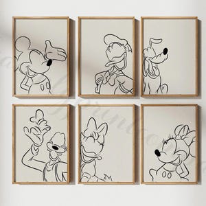 Mickey and Friends Sketched Digital Prints, Set of Six, Instant Download, Boho Decor, Nursery Wall Art Gift, Bedroom Poster