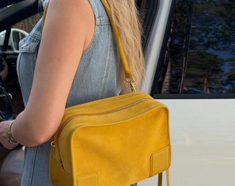 Yellow Suede Shoulder Bags, Summer Handbags, Genuine Suede Tote Bag, Women's Top Handle Bags