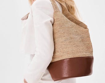Natural Raffia Tote Bag, Handwoven Straw Shoulder Bag for Beach, Summer Straw Tote, Cow Leather and Raffia Tote Bags