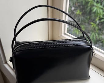 Minimal Leather Tote Bag, Mini Leather Shoulder Bag, Leather Top Handle Bag, Elegant Evening Bag