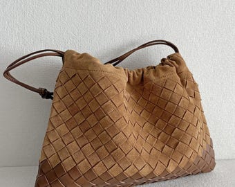 Suede Woven Shoulder Bags, Genuine Suede Leather Handbags, Weaved Leather Tote Bags