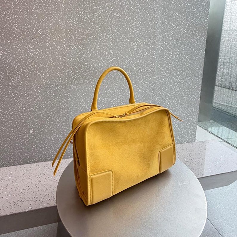 Gelbe Wildleder-Umhängetasche, Sommerhandtaschen, echte Wildleder-Einkaufstasche, Damen-Top-Grifftaschen Bild 13