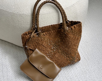 Suede Woven Handbags, Genuine Suede Leather Tote Bag, Weaved Leather Tote Bags