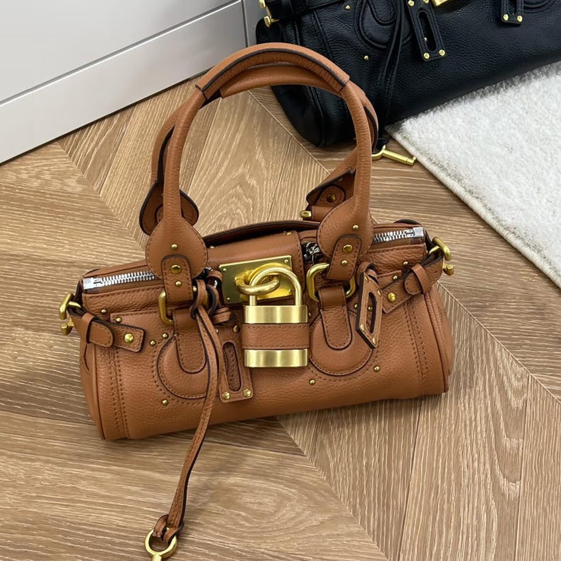 レザートップハンドルバッグ、レトロスタイルトートバッグ、Y2Kハンドバッグ、本革財布 Caramel+Gold